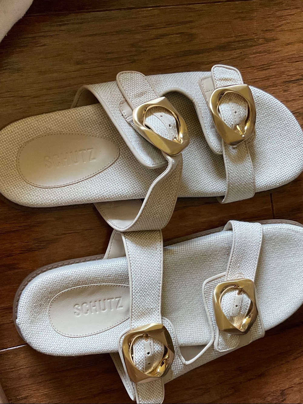 SCHUTZ Cream Slide Sandals with Gold-Tone Buckles